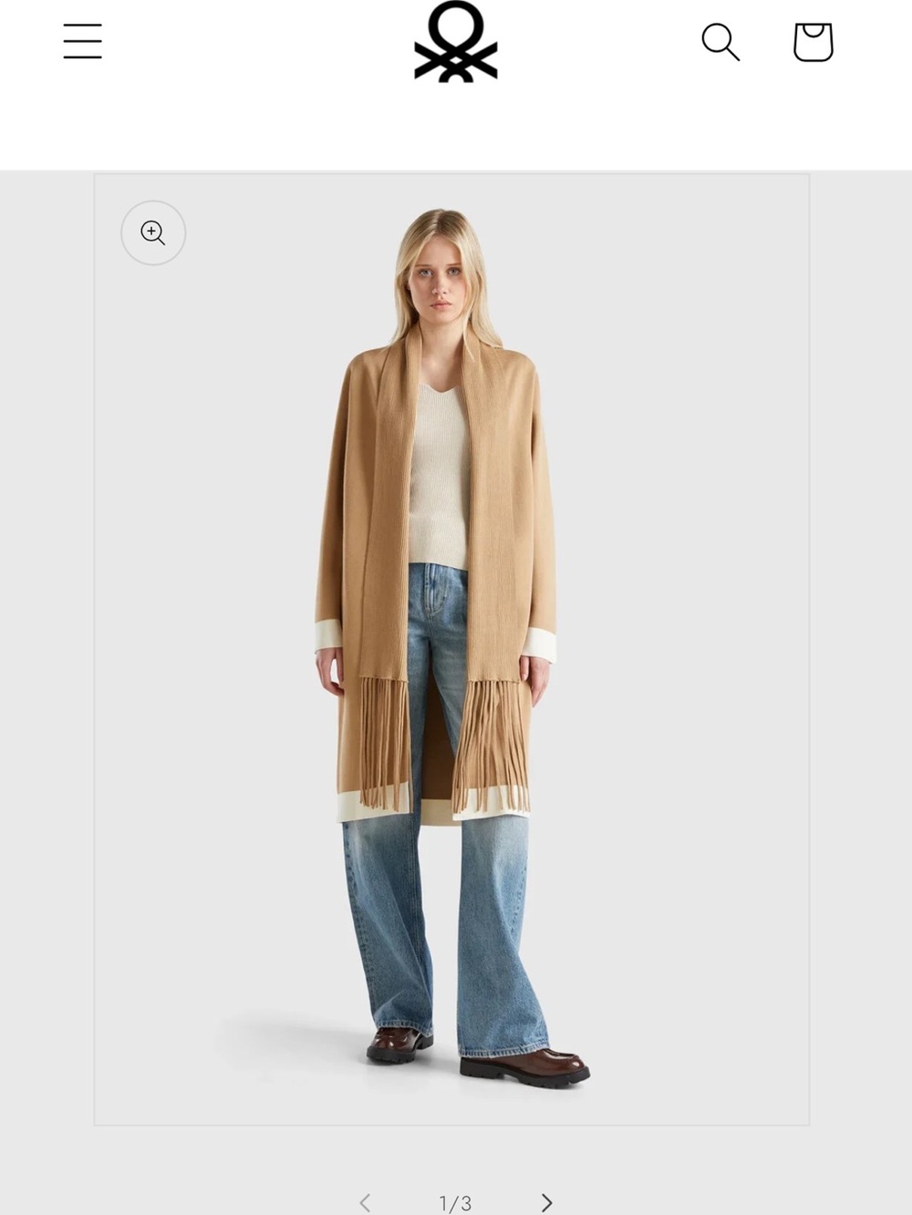 United Colors Of Benetton Camel Fringe Open-Front Coat with Contrast Cuffs